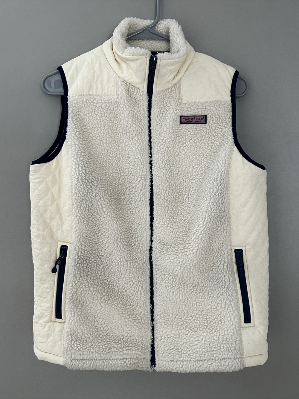 Vineyard Vines Women’s S Ivory Full Zip Vest Pockets Logo Solid Sherpa